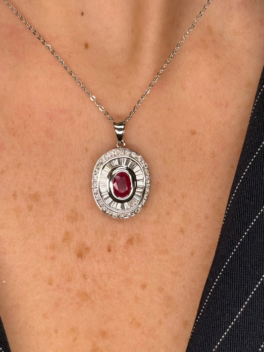 Ladies Baguette and Round Diamond and Ruby Pendant