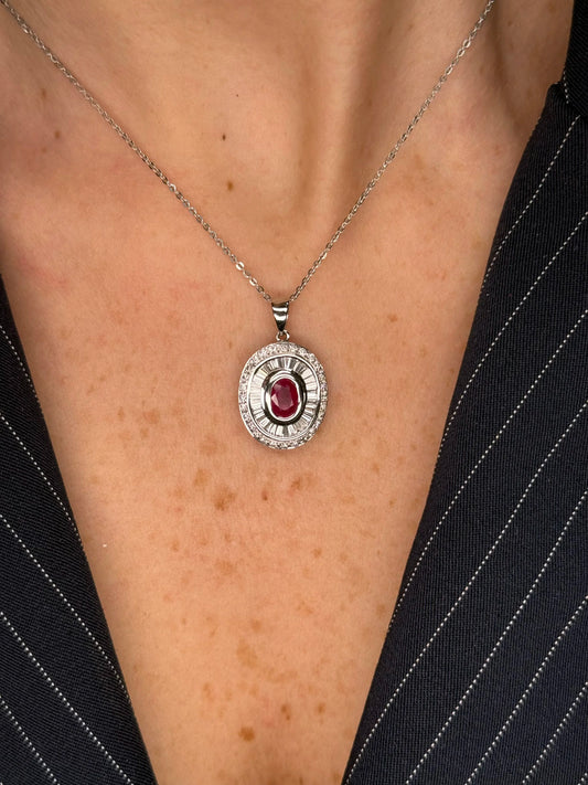Ladies Baguette and Round Diamond and Ruby Pendant