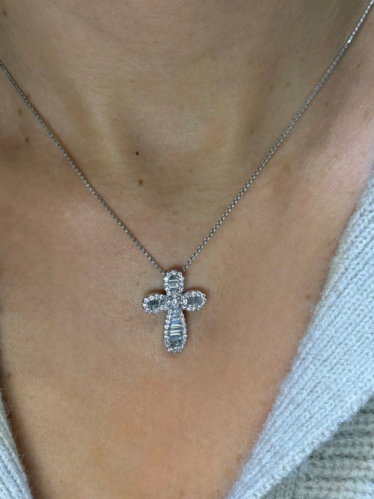 Ladies Round and Baguette Diamond Cross Pendant