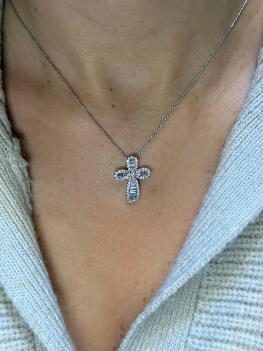 Ladies Round and Baguette Diamond Cross Pendant
