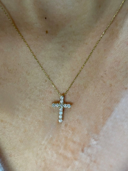 Ladies Round Diamond and Yellow Gold Cross Pendant