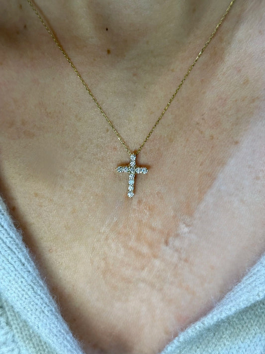 Ladies Round Diamond and Yellow Gold Cross Pendant