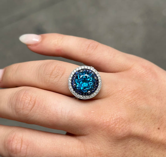 Ladies Halo Round Diamond and Sapphire Ring with Blue London Topaz
