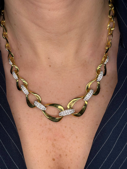 Ladies Yellow Gold Fancy Link and Diamond Necklace