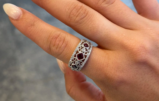 Ladies Square Shaped Ruby and Round Diamond Milgrain Ring