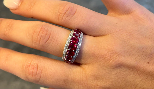 Ladies Single Row Ruby and Double Row Round Diamond Ring