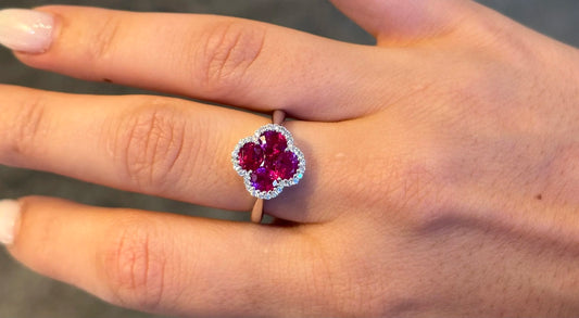 Ladies Clover Shape Ruby and Round Diamond Ring