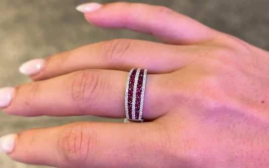 Ladies Double Row Ruby and Triple Row Round Diamond Ring