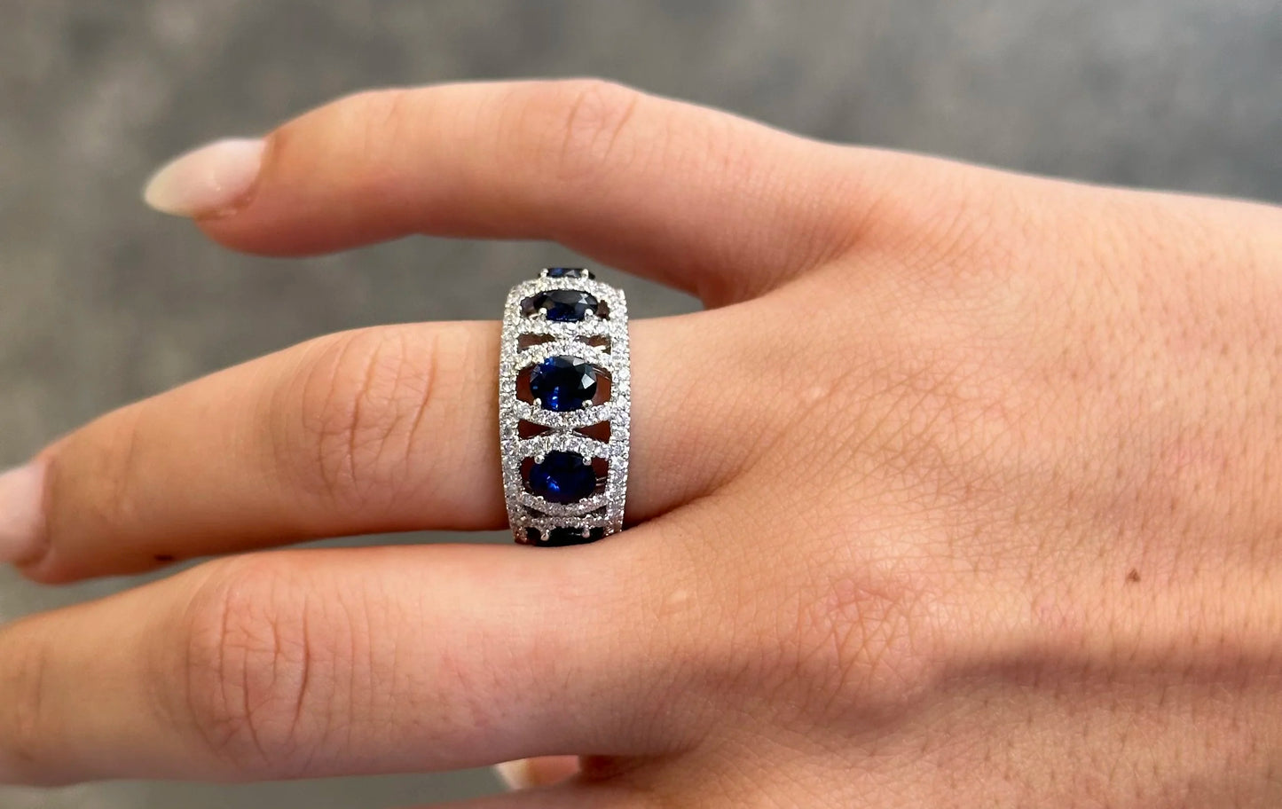 Ladies Five Stone Round Sapphire and Round Diamond Ring