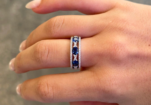 Ladies Three Stone Sapphire and Round Diamonds Band