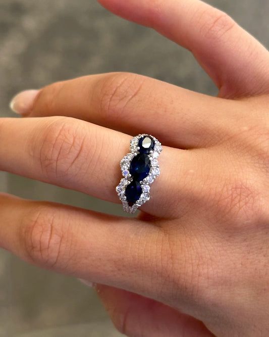 Ladies Three Stone Sapphire and Round Diamond Ring with a Split Shank
