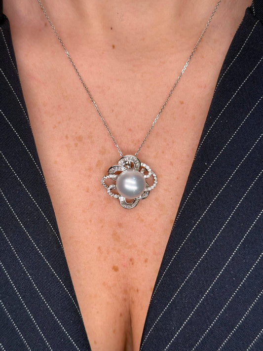 Ladies Spaced Out Diamond Flower and Pearl Pendant