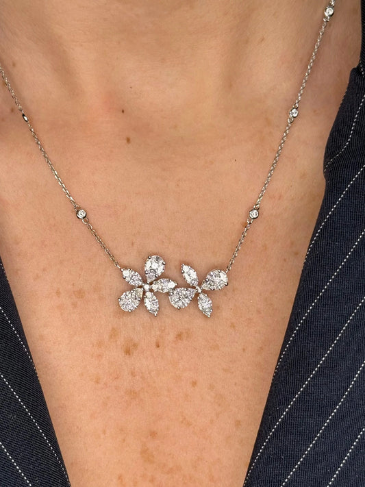 Ladies Flower Round Diamond Cluster Necklace