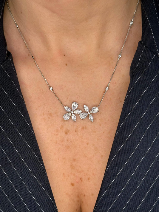 Ladies Flower Round Diamond Cluster Necklace