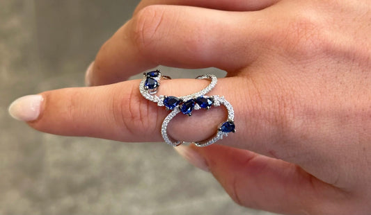 Ladies Pear Sapphire Stone and Round Diamond Open Ring