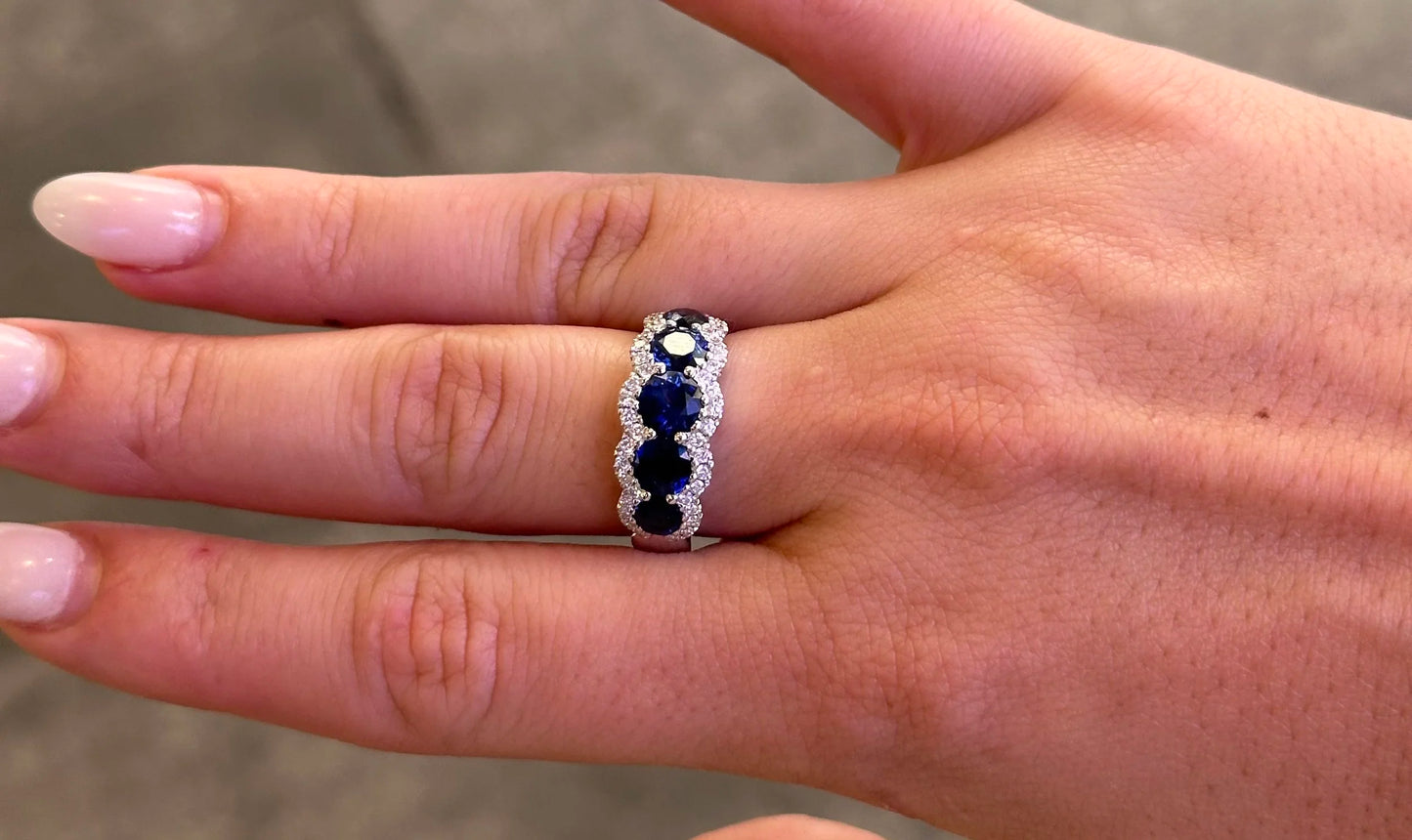 Ladies Five Stone Sapphire with Round Diamond Semi Halo Ring