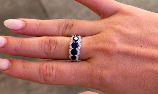 Ladies Five Stone Sapphire with Round Diamond Semi Halo Ring