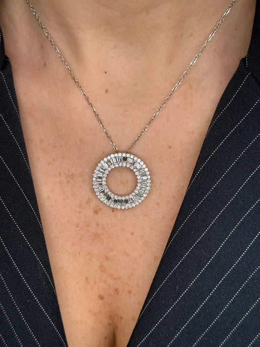 Ladies Round and Baguette Diamond Hallow Circle Pendant