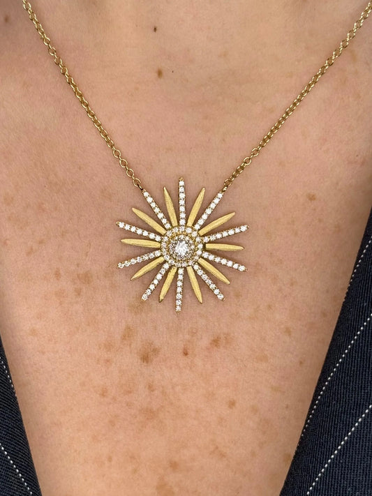Ladies Alternating Gold and Diamond Sun Pendant