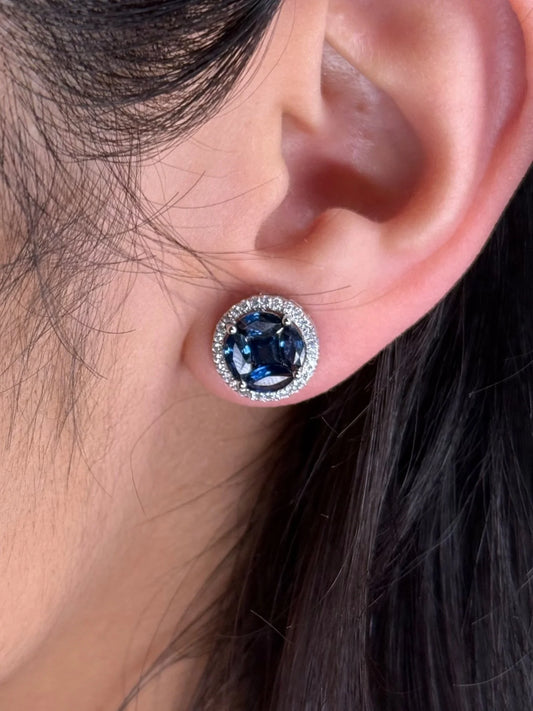 Ladies Sapphire Cluster Center and Halo Round Diamond Earrings