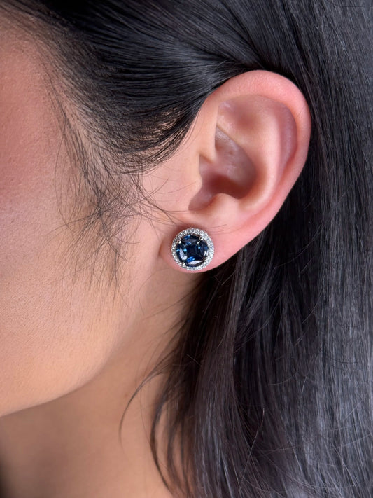 Ladies Sapphire Cluster Center and Halo Round Diamond Earrings