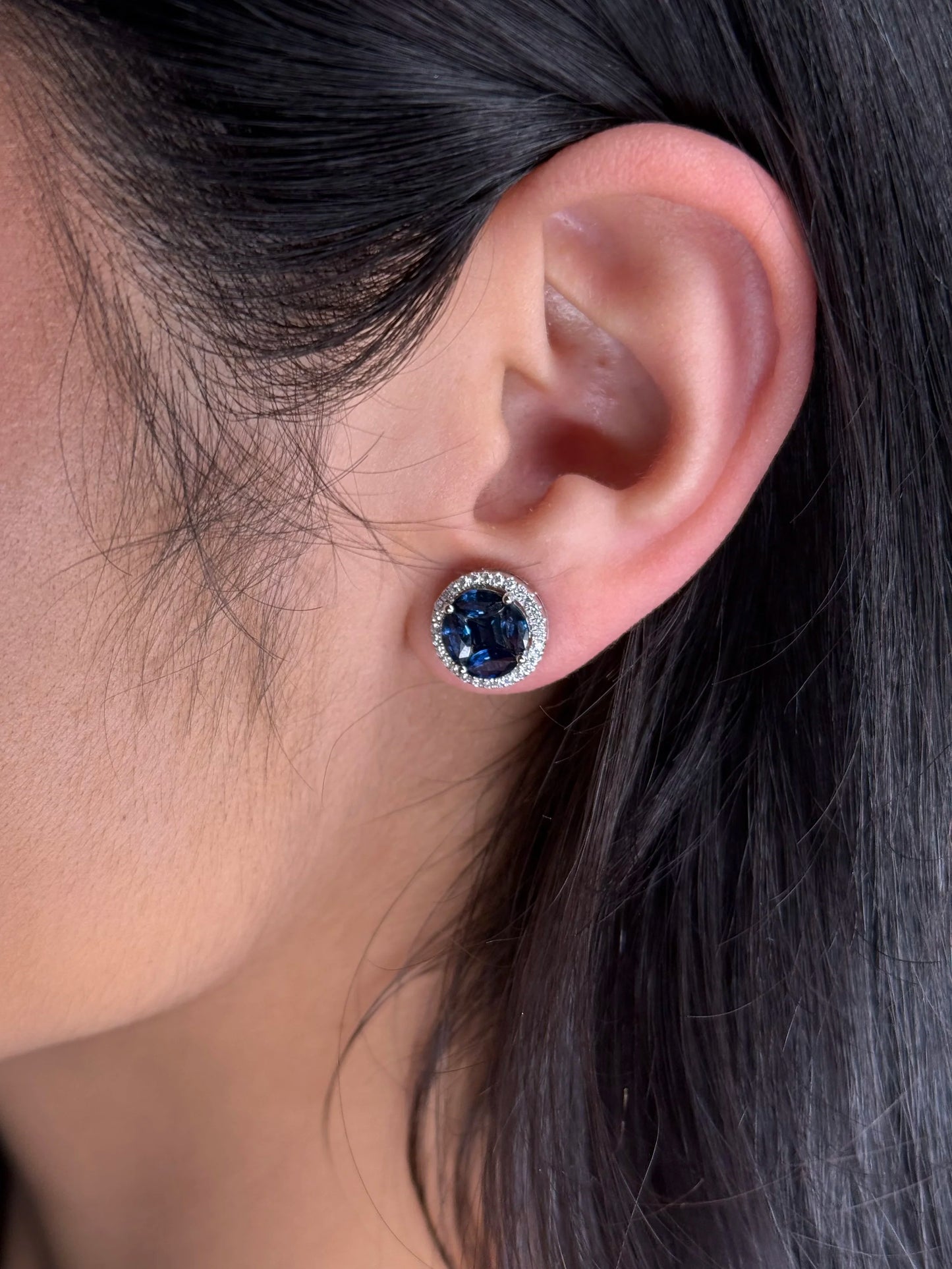 Ladies Sapphire Cluster Center and Halo Round Diamond Earrings