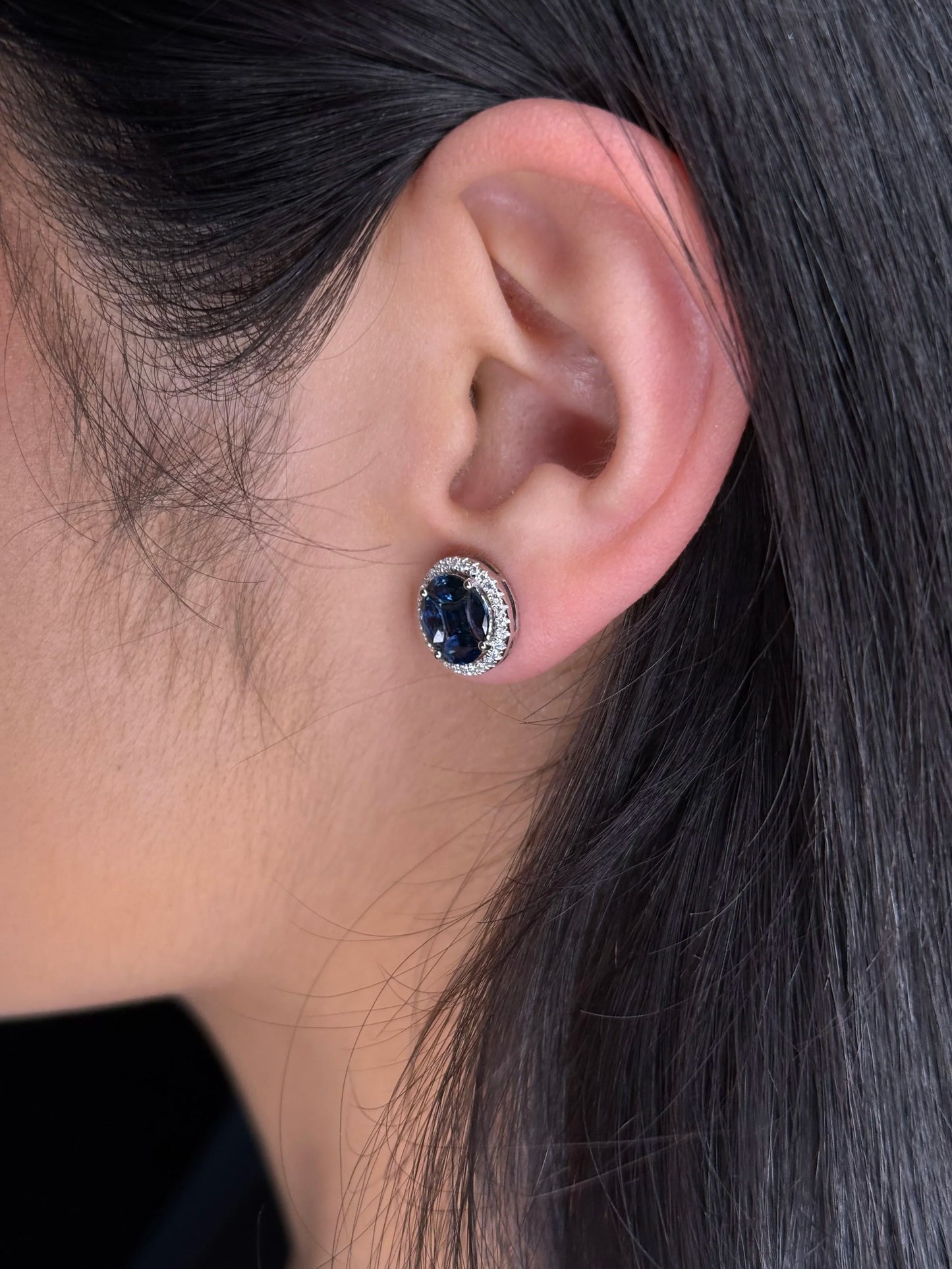 Ladies Sapphire Cluster Center and Halo Round Diamond Earrings