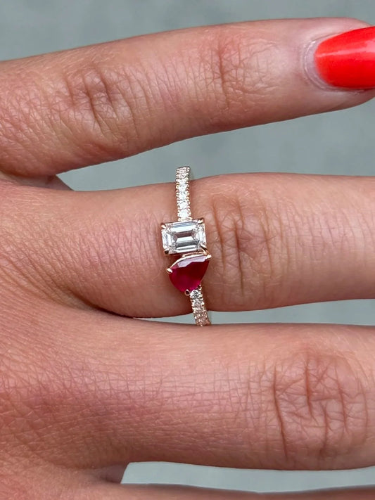 Ladies Ruby Pear and Emerald Diamond Ring