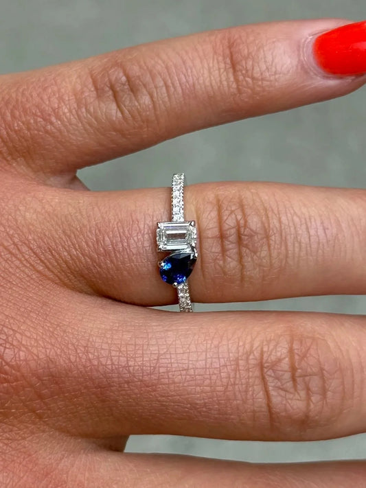 Ladies Sapphire Pear and Emerald Diamond Ring