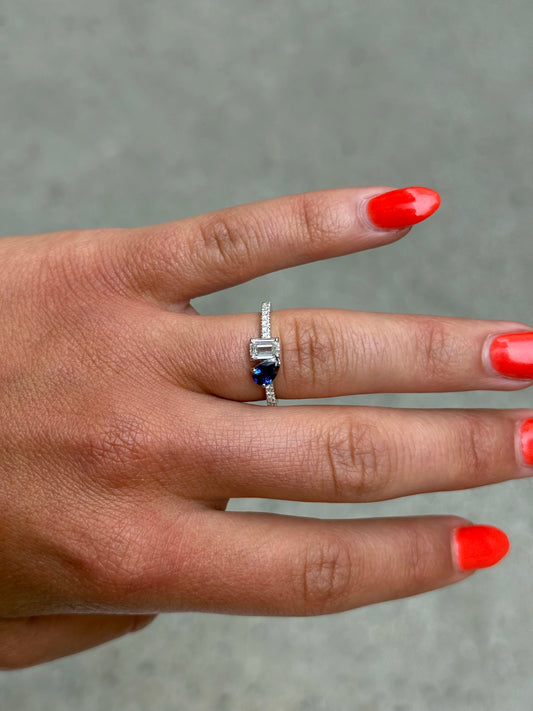 Ladies Sapphire Pear and Emerald Diamond Ring