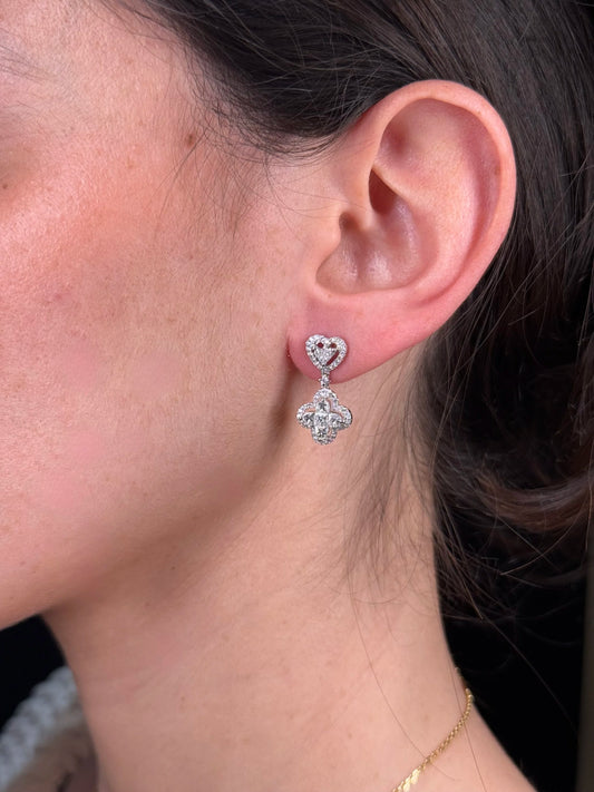 Ladies Heart Cluster and Clover Dangle Earrings