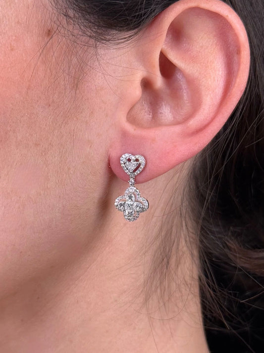 Ladies Heart Cluster and Clover Dangle Earrings