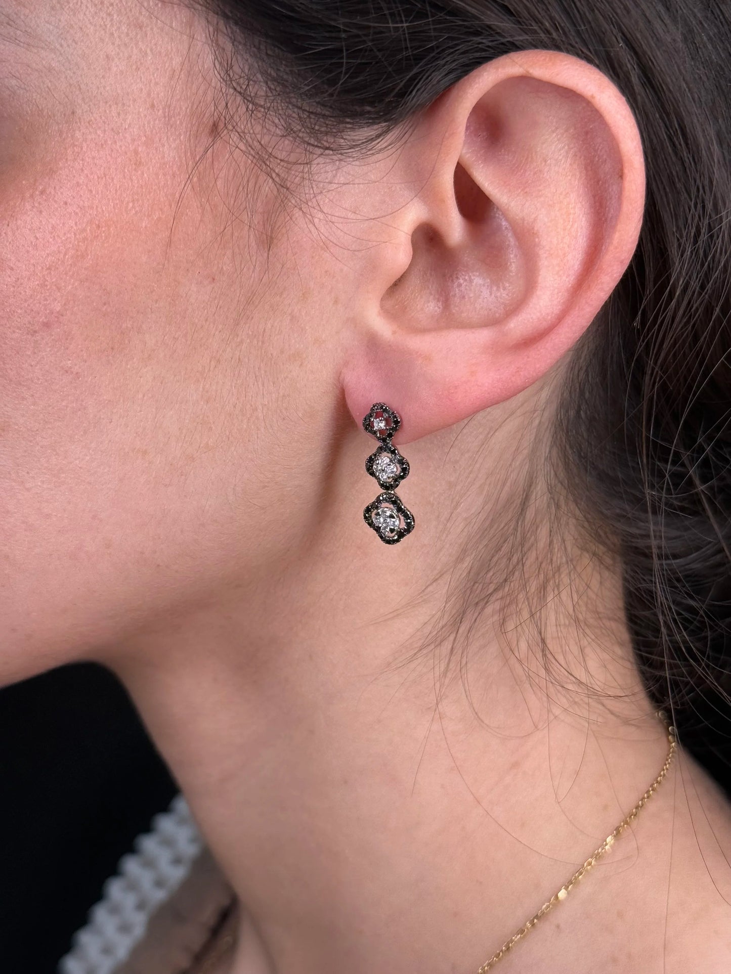 Ladies Three Clover Black and Round Diamond Earrings