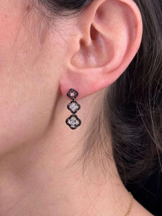 Ladies Three Clover Black and Round Diamond Earrings
