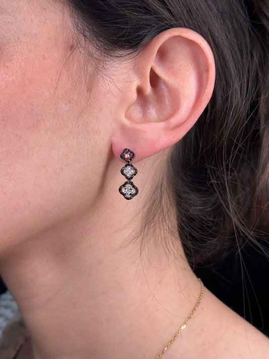 Ladies Three Clover Black and Round Diamond Earrings