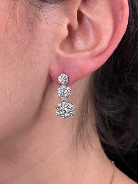 Ladies Three Cluster Clover Diamond Dangle Earrings