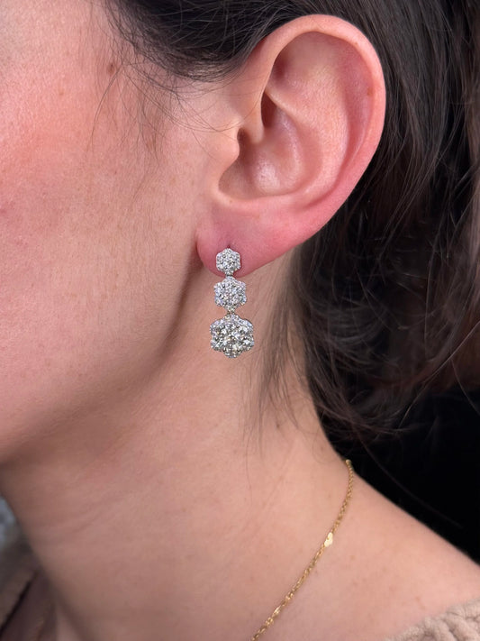 Ladies Three Cluster Clover Diamond Dangle Earrings