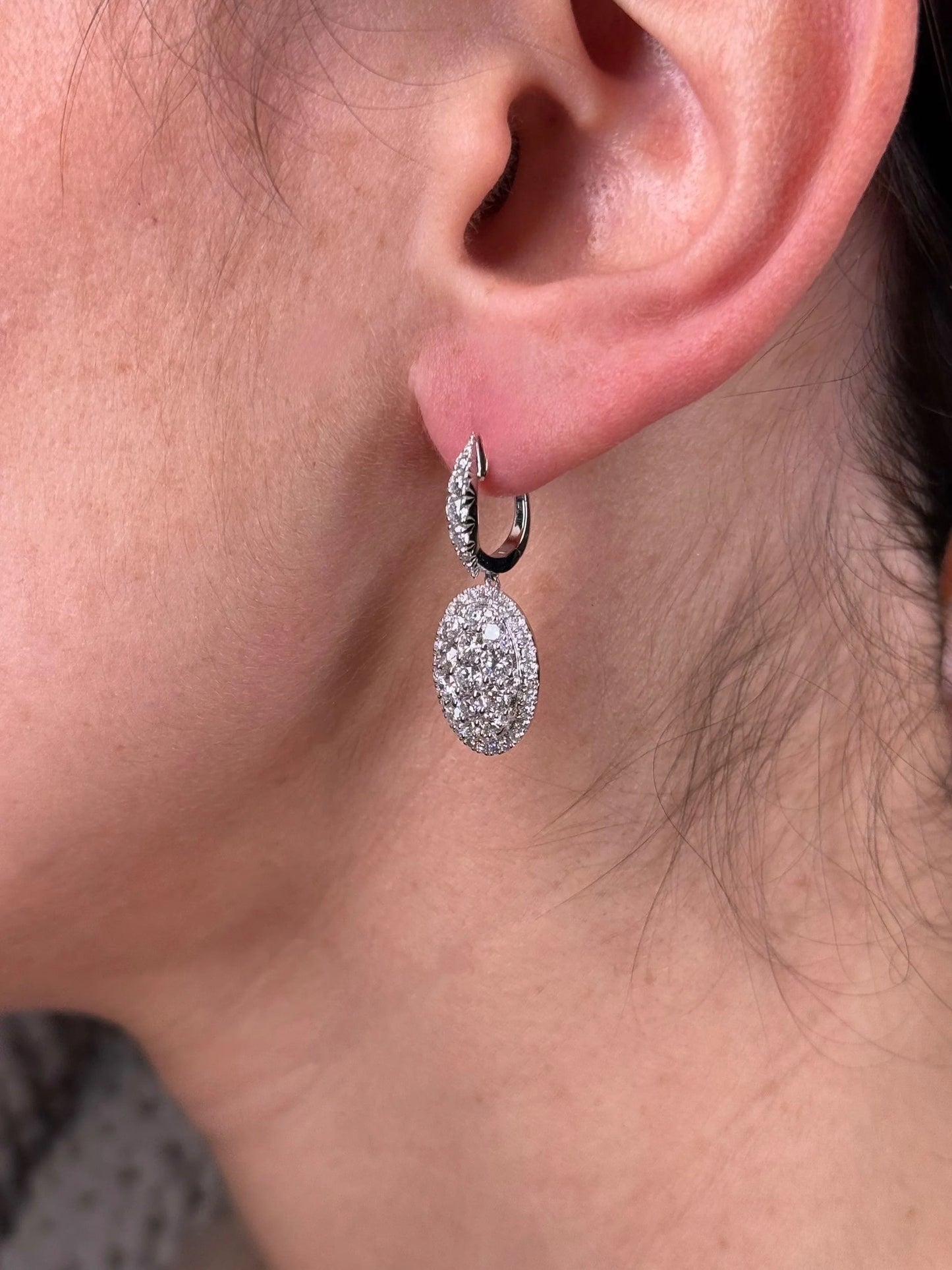 Ladies Oval Cluster Shape Diamond Dangle Earring