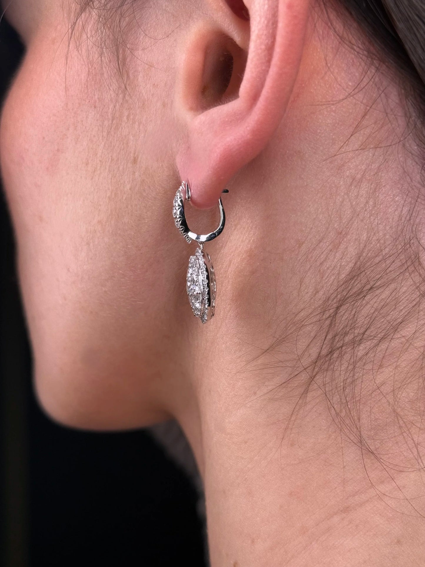 Ladies Oval Cluster Shape Diamond Dangle Earring