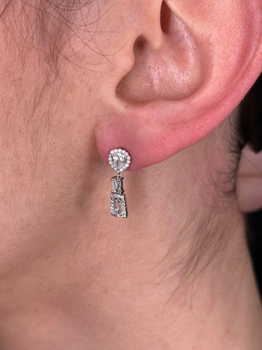 Ladies Round, Pear, and Baguette Diamond Dangle Earrings