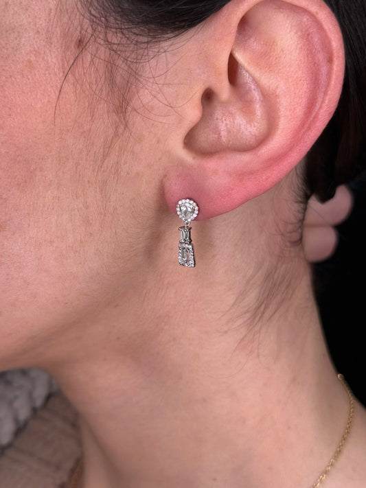 Ladies Round, Pear, and Baguette Diamond Dangle Earrings