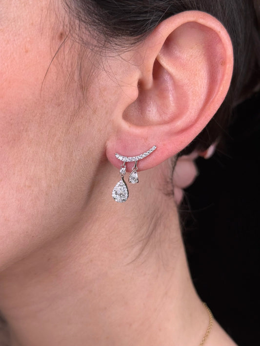 Ladies Dangle Pear and Round Diamond Climber Earrings