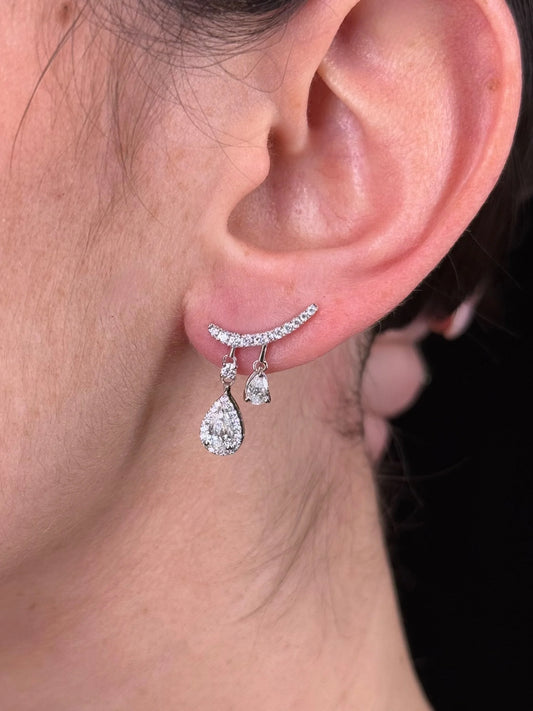 Ladies Dangle Pear and Round Diamond Climber Earrings