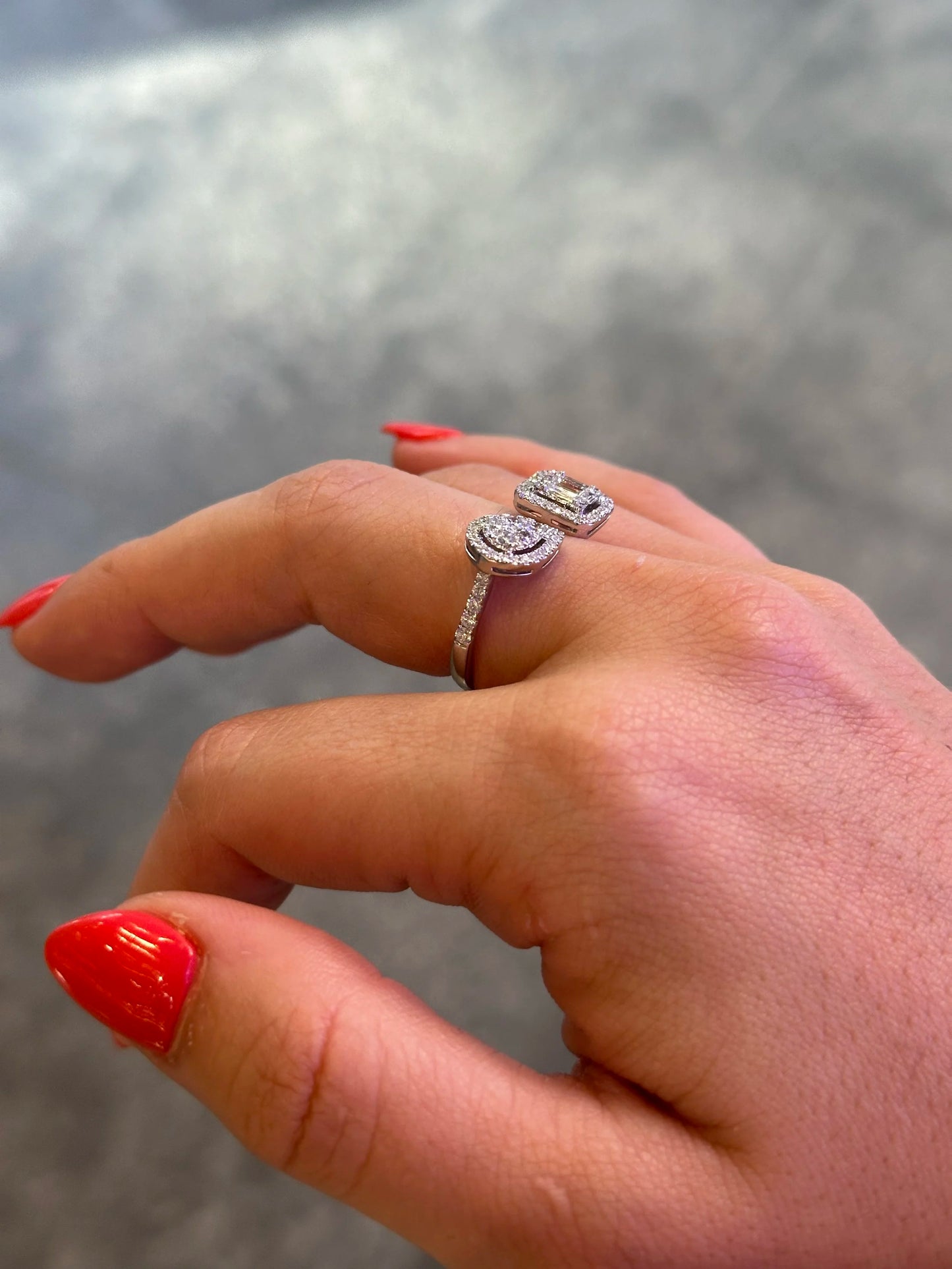 Ladies Emerald and Pear Shape Cluster Diamond Ring
