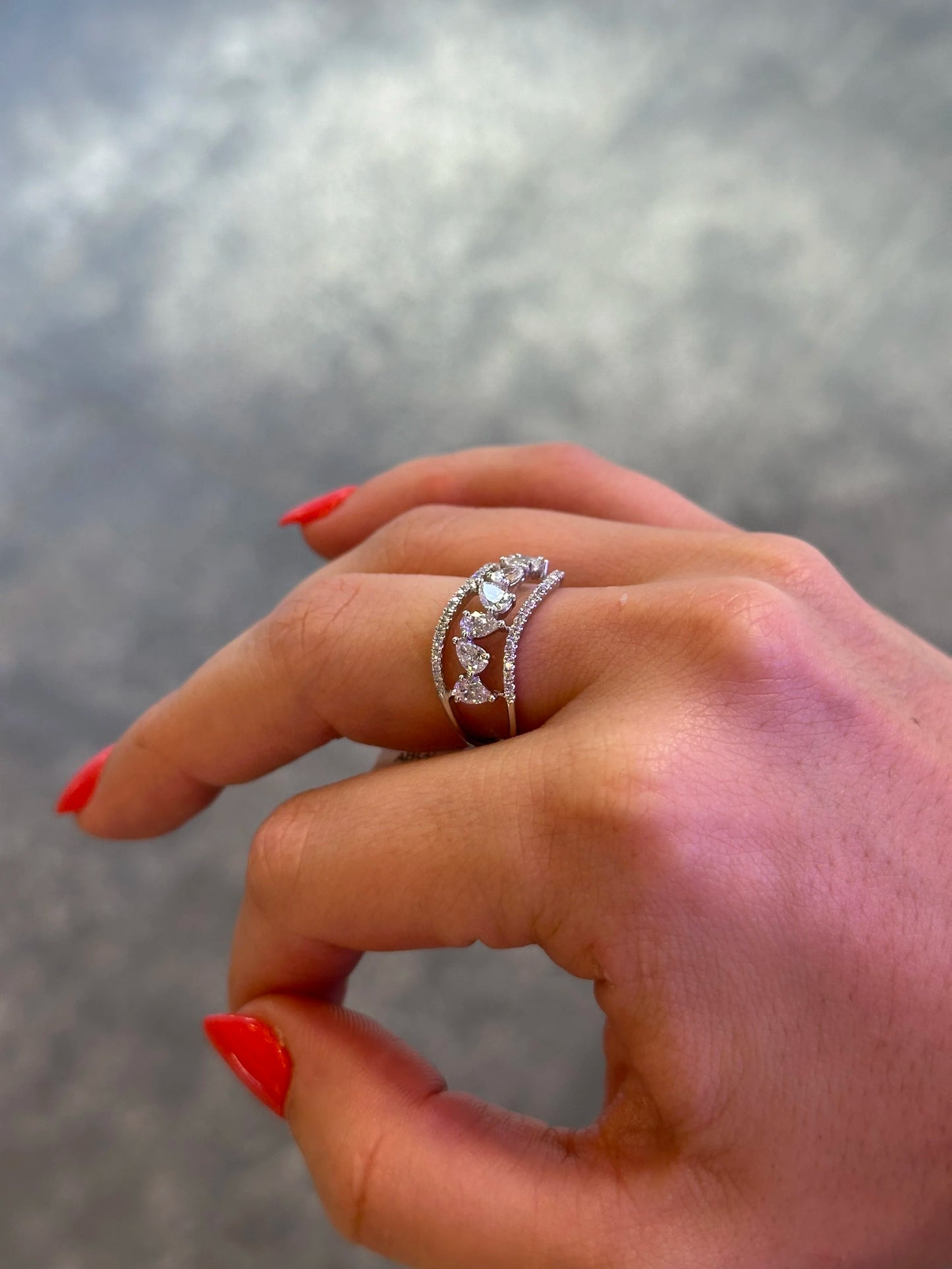 Ladies Alternating Pear Wide Diamond Ring