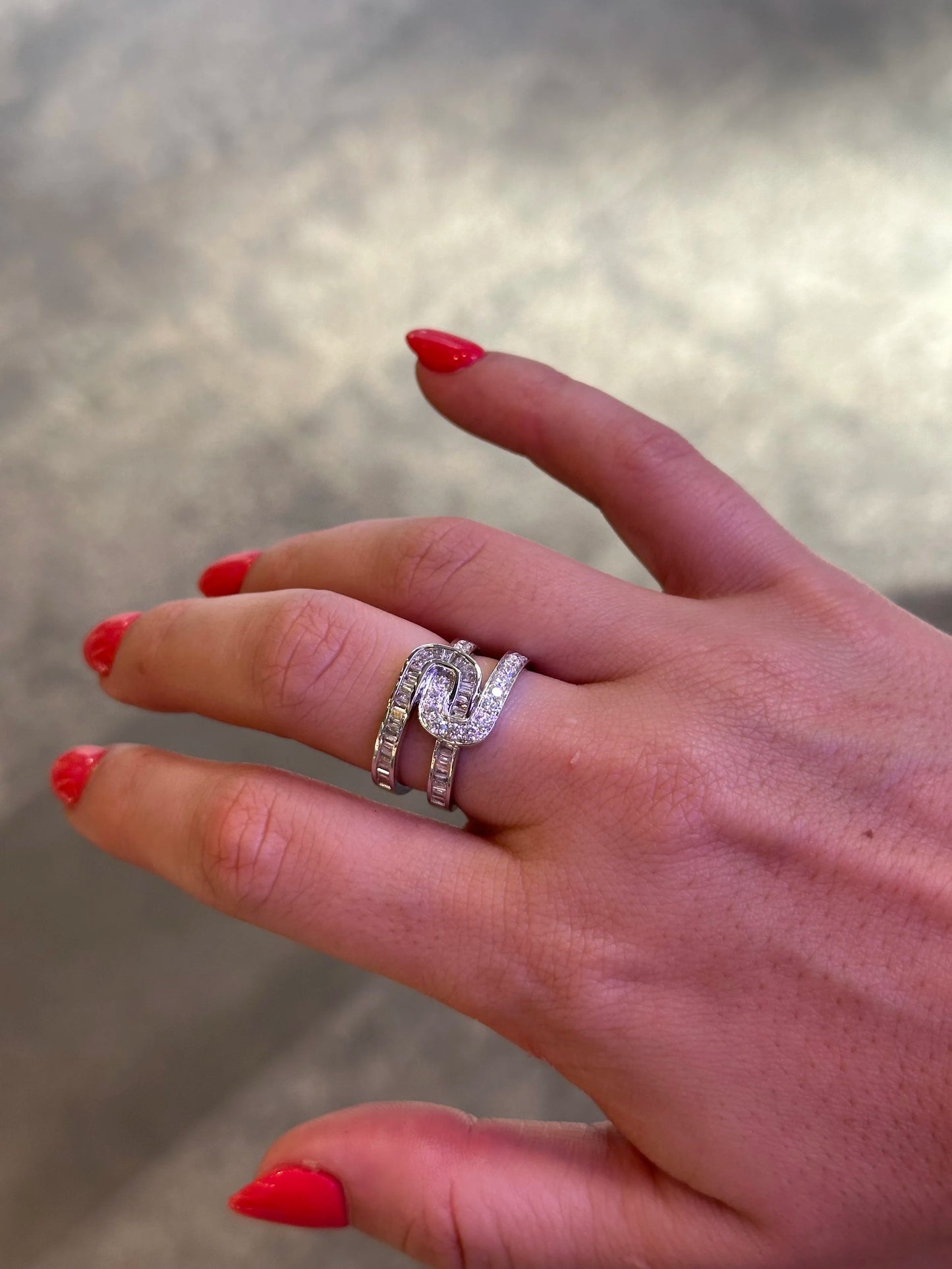 Ladies Crossover Baguette and Round Diamond Ring