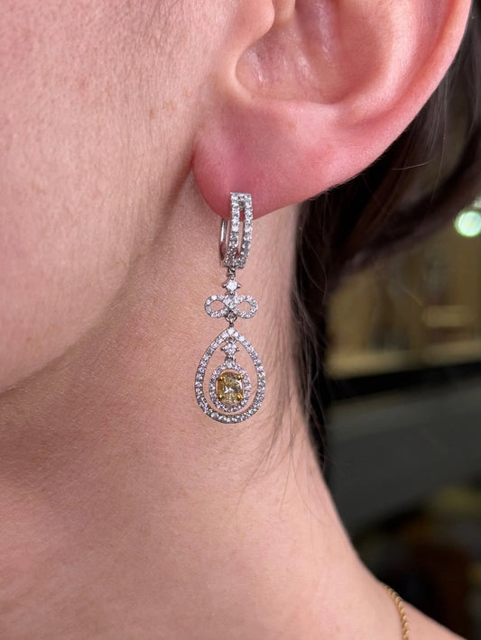 Ladies Two Tone Oval Yellow Diamond Earrings