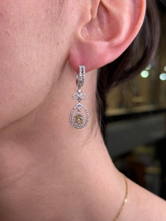 Ladies Two Tone Oval Yellow Diamond Earrings