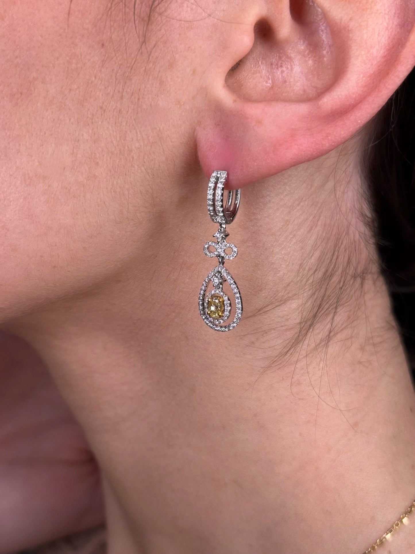 Ladies Two Tone Oval Yellow Diamond Earrings