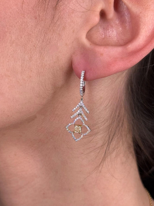 Ladies Two Tone Radiant Yellow Diamond Fancy Earrings